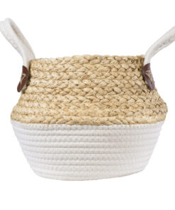 GloboStar® Artificial Garden KIMOLOS 20309 Διακοσμητικό Πλεκτό Καλάθι – Κασπώ Γλάστρα – Flower Pot Μπεζ με Λευκό Φ18cm x Υ21cm
