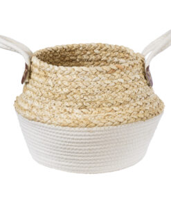 GloboStar® Artificial Garden KIMOLOS 20310 Διακοσμητικό Πλεκτό Καλάθι – Κασπώ Γλάστρα – Flower Pot Μπεζ με Λευκό Φ22cm x Υ26cm