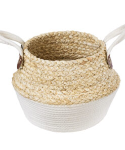 GloboStar® Artificial Garden KIMOLOS 20310 Διακοσμητικό Πλεκτό Καλάθι – Κασπώ Γλάστρα – Flower Pot Μπεζ με Λευκό Φ22cm x Υ26cm