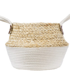 GloboStar® Artificial Garden KIMOLOS 20310 Διακοσμητικό Πλεκτό Καλάθι – Κασπώ Γλάστρα – Flower Pot Μπεζ με Λευκό Φ22cm x Υ26cm