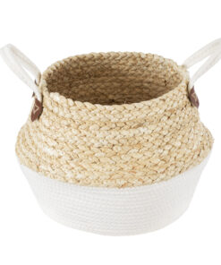 GloboStar® Artificial Garden KIMOLOS 20311 Διακοσμητικό Πλεκτό Καλάθι – Κασπώ Γλάστρα – Flower Pot Μπεζ με Λευκό Φ29cm x Υ30cm