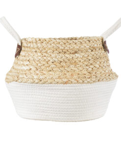 GloboStar® Artificial Garden KIMOLOS 20311 Διακοσμητικό Πλεκτό Καλάθι – Κασπώ Γλάστρα – Flower Pot Μπεζ με Λευκό Φ29cm x Υ30cm