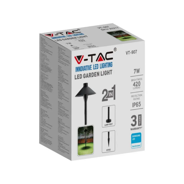 LED Φωτιστικό Καρφί Κήπου Μαύρο 7W V-TAC PRO Samsung Chip IP65 Θερμό 3000K – 20316