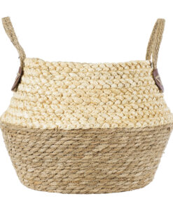 GloboStar® Artificial Garden ANDROS 20316 Διακοσμητικό Πλεκτό Καλάθι – Κασπώ Γλάστρα – Flower Pot Καφέ με Μπεζ Φ22cm x Υ26cm