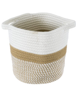 GloboStar® Artificial Garden ITHAKI 20323 Διακοσμητικό Πλεκτό Καλάθι – Κασπώ Γλάστρα – Flower Pot Καφέ με Λευκό Φ20cm x Υ20cm