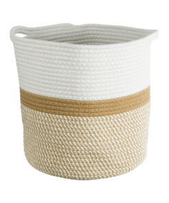 GloboStar® Artificial Garden ITHAKI 20325 Διακοσμητικό Πλεκτό Καλάθι – Κασπώ Γλάστρα – Flower Pot Μπεζ με Λευκό Φ30 x Υ30cm