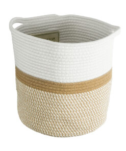 GloboStar® Artificial Garden ITHAKI 20325 Διακοσμητικό Πλεκτό Καλάθι – Κασπώ Γλάστρα – Flower Pot Μπεζ με Λευκό Φ30 x Υ30cm
