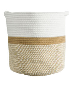 GloboStar® Artificial Garden ITHAKI 20325 Διακοσμητικό Πλεκτό Καλάθι – Κασπώ Γλάστρα – Flower Pot Μπεζ με Λευκό Φ30 x Υ30cm