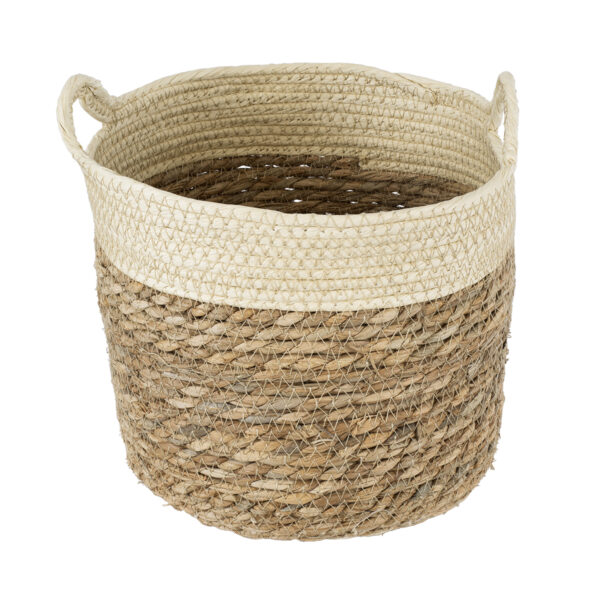 GloboStar® Artificial Garden KALYMNOS 20329 Διακοσμητικό Πλεκτό Καλάθι – Κασπώ Γλάστρα – Flower Pot Μπεζ με Καφέ Φ25cm x Υ22cm