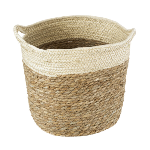 GloboStar® Artificial Garden KALYMNOS 20330 Διακοσμητικό Πλεκτό Καλάθι – Κασπώ Γλάστρα – Flower Pot Μπεζ με Καφέ Φ26cm x Υ27cm