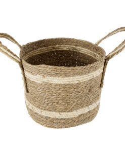 GloboStar® Artificial Garden NAXOS 20334 Διακοσμητικό Πλεκτό Καλάθι – Κασπώ Γλάστρα – Flower Pot Μπεζ με Καφέ Φ35cm x Υ30cm