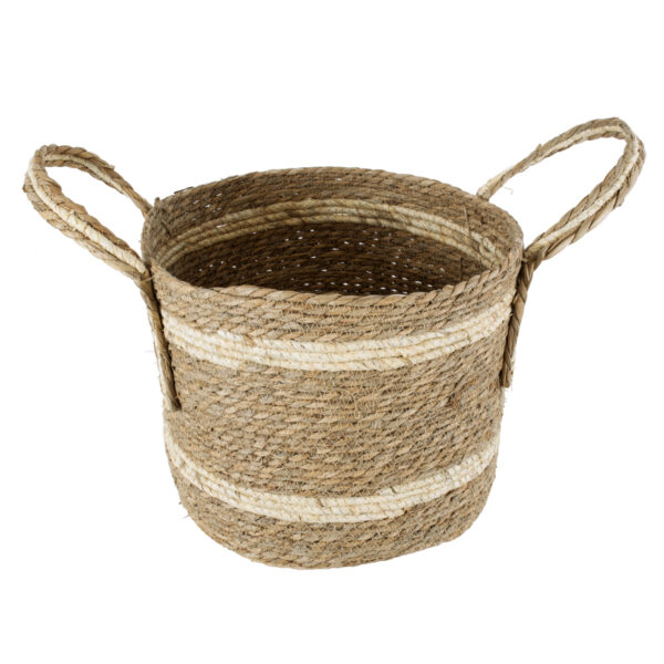 GloboStar® Artificial Garden NAXOS 20334 Διακοσμητικό Πλεκτό Καλάθι – Κασπώ Γλάστρα – Flower Pot Μπεζ με Καφέ Φ35cm x Υ30cm