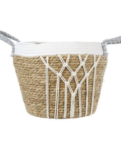 GloboStar® Artificial Garden SARDINIA 20335 ΣΕΤ 3 Διακοσμητικά Πλεκτά Καλάθια – Κασπώ Γλάστρες – Flower Pots Μπεζ με Μακραμέ A:Φ25cm x Υ20cm B:Φ30cm x Υ27cm C:Φ35cm x Υ30cm