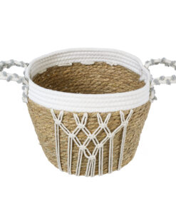 GloboStar® Artificial Garden SARDINIA 20335 ΣΕΤ 3 Διακοσμητικά Πλεκτά Καλάθια – Κασπώ Γλάστρες – Flower Pots Μπεζ με Μακραμέ A:Φ25cm x Υ20cm B:Φ30cm x Υ27cm C:Φ35cm x Υ30cm