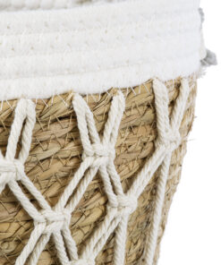 GloboStar® Artificial Garden SARDINIA 20335 ΣΕΤ 3 Διακοσμητικά Πλεκτά Καλάθια – Κασπώ Γλάστρες – Flower Pots Μπεζ με Μακραμέ A:Φ25cm x Υ20cm B:Φ30cm x Υ27cm C:Φ35cm x Υ30cm