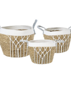 GloboStar® Artificial Garden SARDINIA 20335 ΣΕΤ 3 Διακοσμητικά Πλεκτά Καλάθια – Κασπώ Γλάστρες – Flower Pots Μπεζ με Μακραμέ A:Φ25cm x Υ20cm B:Φ30cm x Υ27cm C:Φ35cm x Υ30cm