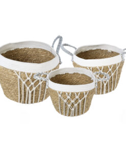 GloboStar® Artificial Garden SARDINIA 20335 ΣΕΤ 3 Διακοσμητικά Πλεκτά Καλάθια – Κασπώ Γλάστρες – Flower Pots Μπεζ με Μακραμέ A:Φ25cm x Υ20cm B:Φ30cm x Υ27cm C:Φ35cm x Υ30cm