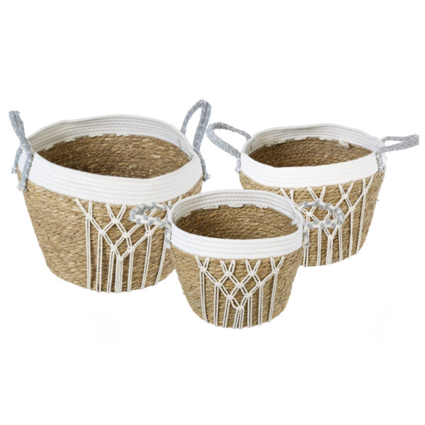 GloboStar® Artificial Garden SARDINIA 20335 ΣΕΤ 3 Διακοσμητικά Πλεκτά Καλάθια – Κασπώ Γλάστρες – Flower Pots Μπεζ με Μακραμέ A:Φ25cm x Υ20cm B:Φ30cm x Υ27cm C:Φ35cm x Υ30cm