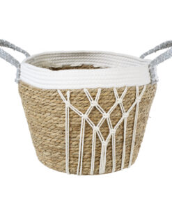 GloboStar® Artificial Garden SARDINIA 20335 ΣΕΤ 3 Διακοσμητικά Πλεκτά Καλάθια – Κασπώ Γλάστρες – Flower Pots Μπεζ με Μακραμέ A:Φ25cm x Υ20cm B:Φ30cm x Υ27cm C:Φ35cm x Υ30cm