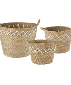 GloboStar® Artificial Garden ZAKYNTHOS 20336 ΣΕΤ 3 Διακοσμητικά Πλεκτά Καλάθια – Κασπώ Γλάστρες – Flower Pots Μπεζ με Μακραμέ A:Φ24cm x Υ20cm B:Φ28cm x Υ24cm C:Φ32cm x Υ28cm