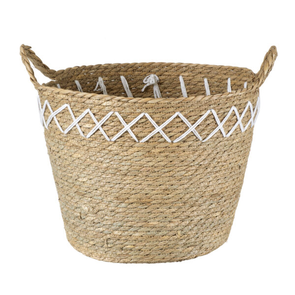 GloboStar® Artificial Garden ZAKYNTHOS 20336 ΣΕΤ 3 Διακοσμητικά Πλεκτά Καλάθια – Κασπώ Γλάστρες – Flower Pots Μπεζ με Μακραμέ A:Φ24cm x Υ20cm B:Φ28cm x Υ24cm C:Φ32cm x Υ28cm