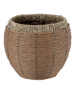 GloboStar® Artificial Garden AMORGOS 20337 Διακοσμητικό Πλεκτό Καλάθι – Κασπώ Γλάστρα – Flower Pot Μπεζ με Καφέ Φ25cm x Υ21cm