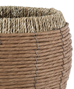 GloboStar® Artificial Garden AMORGOS 20337 Διακοσμητικό Πλεκτό Καλάθι – Κασπώ Γλάστρα – Flower Pot Μπεζ με Καφέ Φ25cm x Υ21cm