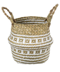 GloboStar® Artificial Garden SYMI 20338 Διακοσμητικό Ψάθινο Καλάθι – Κασπώ Γλάστρα – Flower Pot Μπεζ με Λευκό Φ18cm x Υ20cm