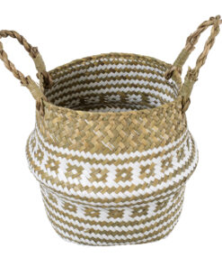 GloboStar® Artificial Garden SYMI 20338 Διακοσμητικό Ψάθινο Καλάθι – Κασπώ Γλάστρα – Flower Pot Μπεζ με Λευκό Φ18cm x Υ20cm