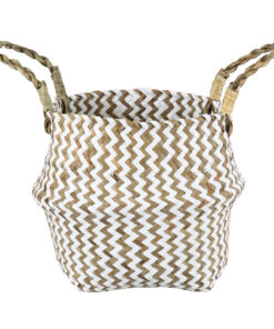 GloboStar® Artificial Garden IOS 20339 Διακοσμητικό Ψάθινο Καλάθι – Κασπώ Γλάστρα – Flower Pot Καφέ με Λευκό Φ18cm x Υ20cm