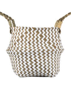 GloboStar® Artificial Garden IOS 20339 Διακοσμητικό Ψάθινο Καλάθι – Κασπώ Γλάστρα – Flower Pot Καφέ με Λευκό Φ18cm x Υ20cm