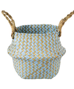GloboStar® Artificial Garden SKYROS 20340 Διακοσμητικό Ψάθινο Καλάθι – Κασπώ Γλάστρα – Flower Pot Μπλε με Καφέ Φ18cm x Υ20cm