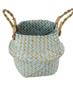 GloboStar® Artificial Garden SKYROS 20340 Διακοσμητικό Ψάθινο Καλάθι – Κασπώ Γλάστρα – Flower Pot Μπλε με Καφέ Φ18cm x Υ20cm