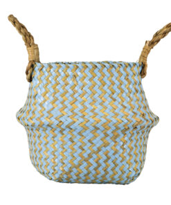 GloboStar® Artificial Garden SKYROS 20340 Διακοσμητικό Ψάθινο Καλάθι – Κασπώ Γλάστρα – Flower Pot Μπλε με Καφέ Φ18cm x Υ20cm