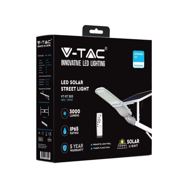 LED Ηλιακό Φωτιστικό Δρόμου 50W V-TAC PRO Samsung Chip 120° 3000lm Γκρι IP65 Ψυχρό 6400K για Ιστό & Τοίχο με Τηλεχειριστήριο – 20341