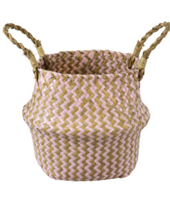 GloboStar® Artificial Garden LEROS 20341 Διακοσμητικό Ψάθινο Καλάθι – Κασπώ Γλάστρα – Flower Pot Ροζ με Καφέ Φ18cm x Υ20cm