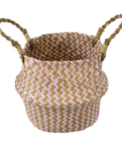 GloboStar® Artificial Garden LEROS 20341 Διακοσμητικό Ψάθινο Καλάθι – Κασπώ Γλάστρα – Flower Pot Ροζ με Καφέ Φ18cm x Υ20cm