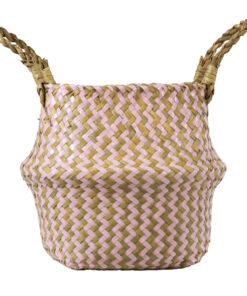 GloboStar® Artificial Garden LEROS 20341 Διακοσμητικό Ψάθινο Καλάθι – Κασπώ Γλάστρα – Flower Pot Ροζ με Καφέ Φ18cm x Υ20cm