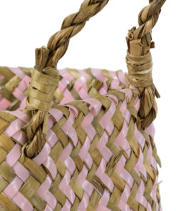 GloboStar® Artificial Garden LEROS 20341 Διακοσμητικό Ψάθινο Καλάθι – Κασπώ Γλάστρα – Flower Pot Ροζ με Καφέ Φ18cm x Υ20cm