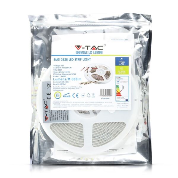 LED Ταινία 7.2W V-TAC Dimmable 600lm/m Αδιάβροχη IP65 Φυσικό Λευκό 4000K 5 Μέτρα – 212044