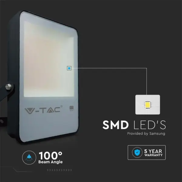 LED Προβολέας 100W V-TAC PRO Samsung Chip Μαύρος 100° 13700lm Αδιάβροχος IP65 Φυσικό 4000K – 20406