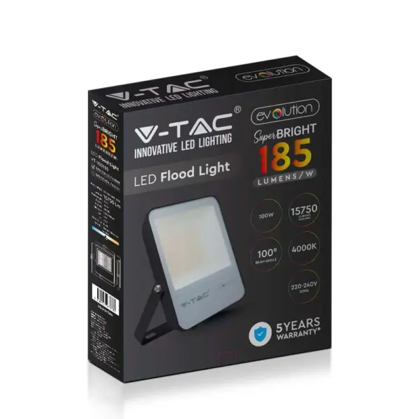 LED Προβολέας 100W V-TAC PRO Samsung Chip Μαύρος 100° 15750lm Αδιάβροχος IP65 Φυσικό Λευκό 4000K – 20453