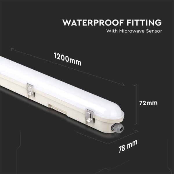 LED Αδιάβροχο φωτιστικό Samsung SMD 36W 1.2m φυσικό 4000K sensor milky cover με ανοξείδωτα κλιπς και ανιχνευτή 120lm/W V-TAC – 20468