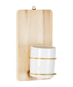 GloboStar® Artificial Garden IKARIA 20472 Επιτοίχιο Πήλινο Κεραμικό Κασπώ Γλάστρα με Ξύλινη Βάση – Flower Pot Μπεζ με Λευκό & Χρυσό Φ13cm x Υ23cm