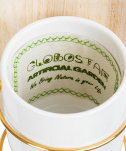 GloboStar® Artificial Garden IKARIA 20472 Επιτοίχιο Πήλινο Κεραμικό Κασπώ Γλάστρα με Ξύλινη Βάση – Flower Pot Μπεζ με Λευκό & Χρυσό Φ13cm x Υ23cm