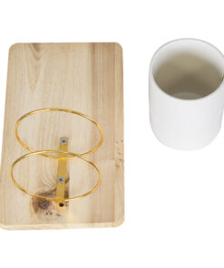 GloboStar® Artificial Garden IKARIA 20472 Επιτοίχιο Πήλινο Κεραμικό Κασπώ Γλάστρα με Ξύλινη Βάση – Flower Pot Μπεζ με Λευκό & Χρυσό Φ13cm x Υ23cm