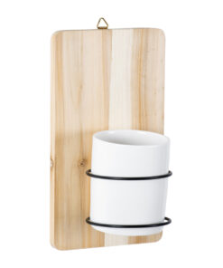 GloboStar® Artificial Garden SPETSES 20473 Επιτοίχιο Πήλινο Κεραμικό Κασπώ Γλάστρα με Ξύλινη Βάση – Flower Pot Μπεζ με Λευκό & Μαύρο Φ13cm x Υ23cm