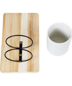 GloboStar® Artificial Garden SPETSES 20473 Επιτοίχιο Πήλινο Κεραμικό Κασπώ Γλάστρα με Ξύλινη Βάση – Flower Pot Μπεζ με Λευκό & Μαύρο Φ13cm x Υ23cm