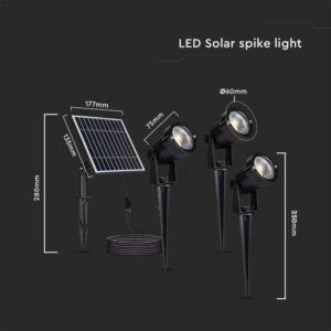 LED ηλιακό φωτιστικό καρφί 3×1.2W θερμό λευκό 3000K μαύρο σώμα V-TAC – 20489