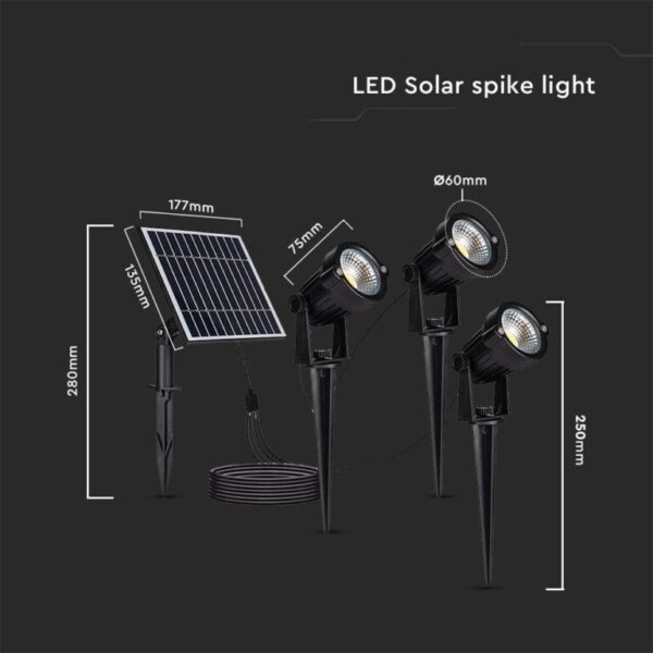LED ηλιακό φωτιστικό καρφί 3×1.2W θερμό λευκό 3000K μαύρο σώμα V-TAC – 20489